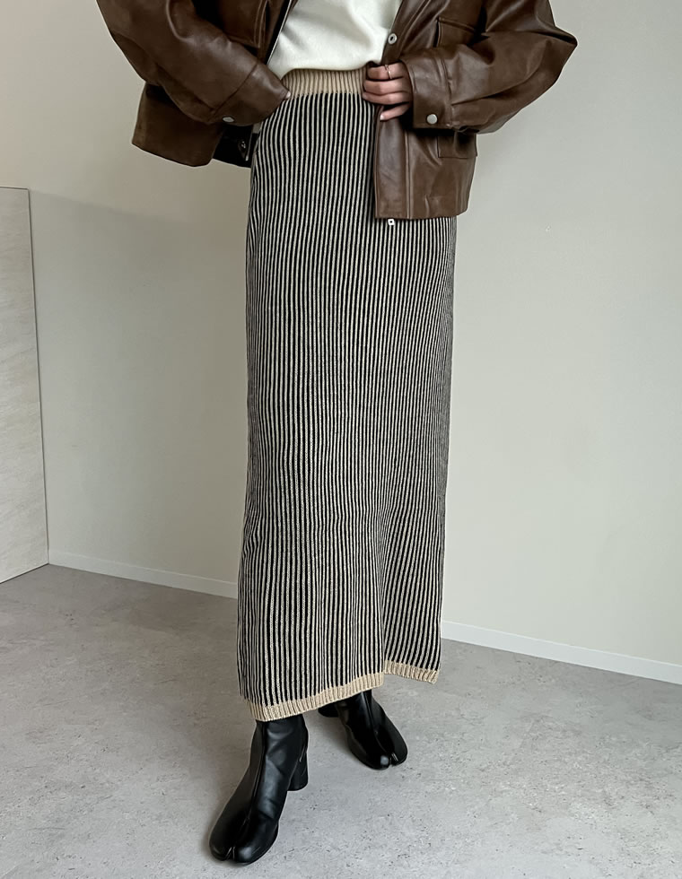レディース スカート ニット リブ ストライプ ロングスカート タイト ナロースカート Iラインスカート セットアップ対応 秋冬 | Re:EDIT | 02