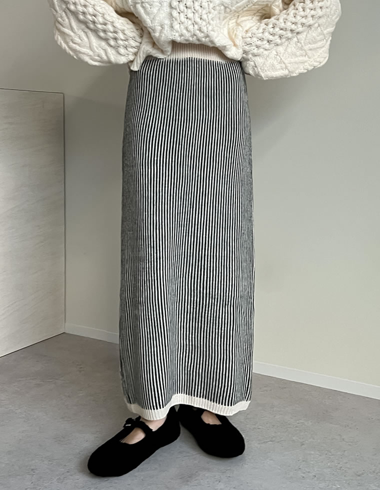 レディース スカート ニット リブ ストライプ ロングスカート タイト ナロースカート Iラインスカート セットアップ対応 秋冬 | Re:EDIT | 01