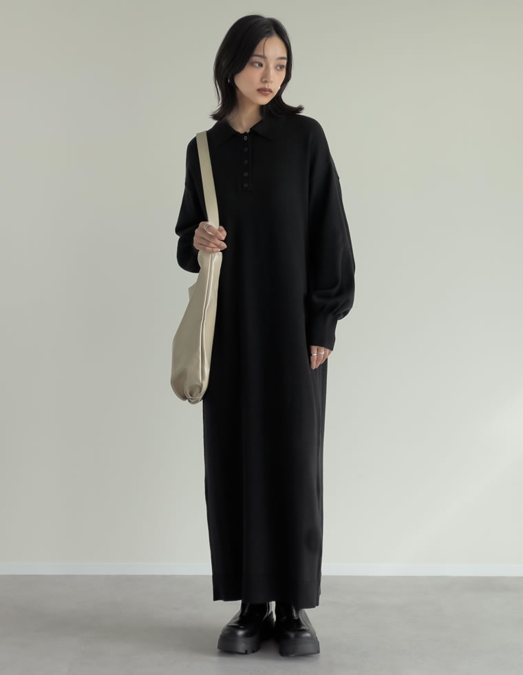 【新品未着用】ロングワンピース【本日限定お値下げ】 Re:EDIT ワンピース ニット レディース ポロ ロング丈 長袖