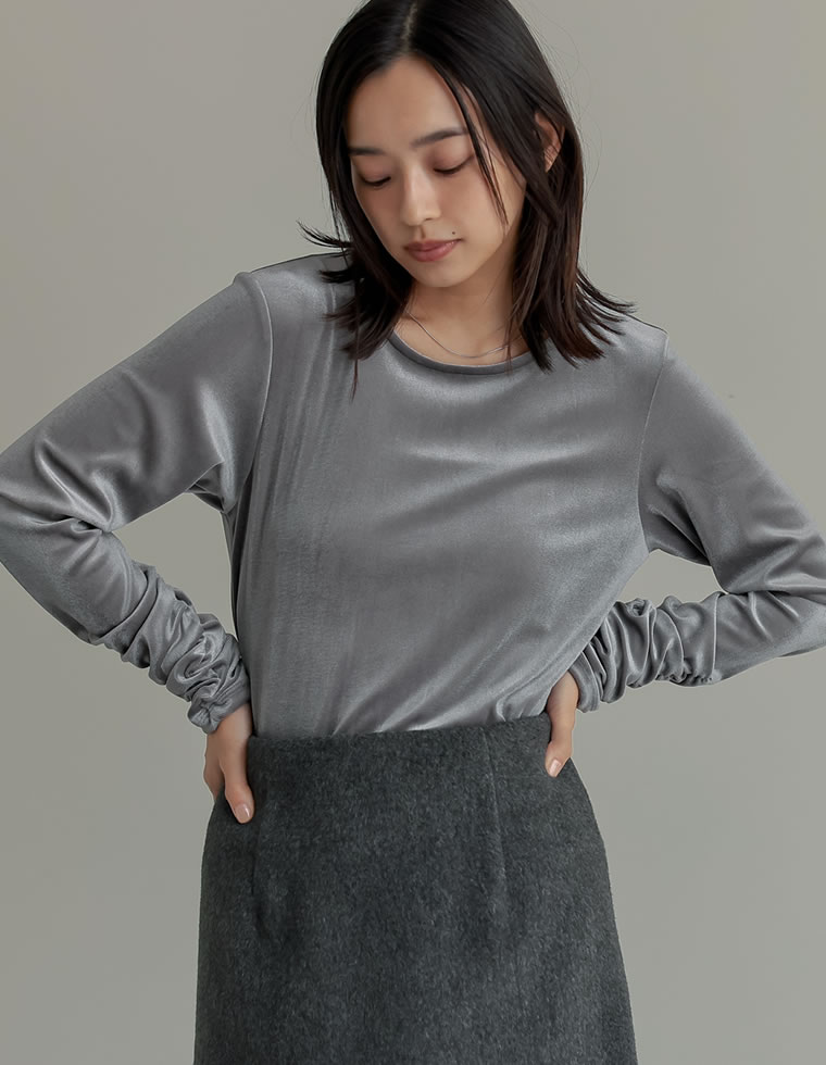 ベロア長袖トップス グレー Re:EDIT トップス レディース カットソー 長袖 ベロア 袖