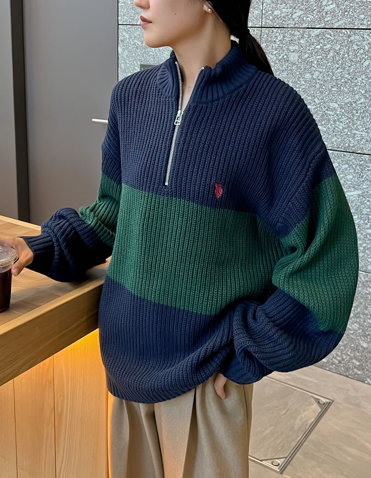 ハーフジップ ニット レディース トップス U.S. POLO ASSN. 別注 ハーフジップ ニット 男女兼用 ユニセックス スポーティ 2025春 Re:EDIT ハーフジップ ニット レディース トップス U.S. POLO