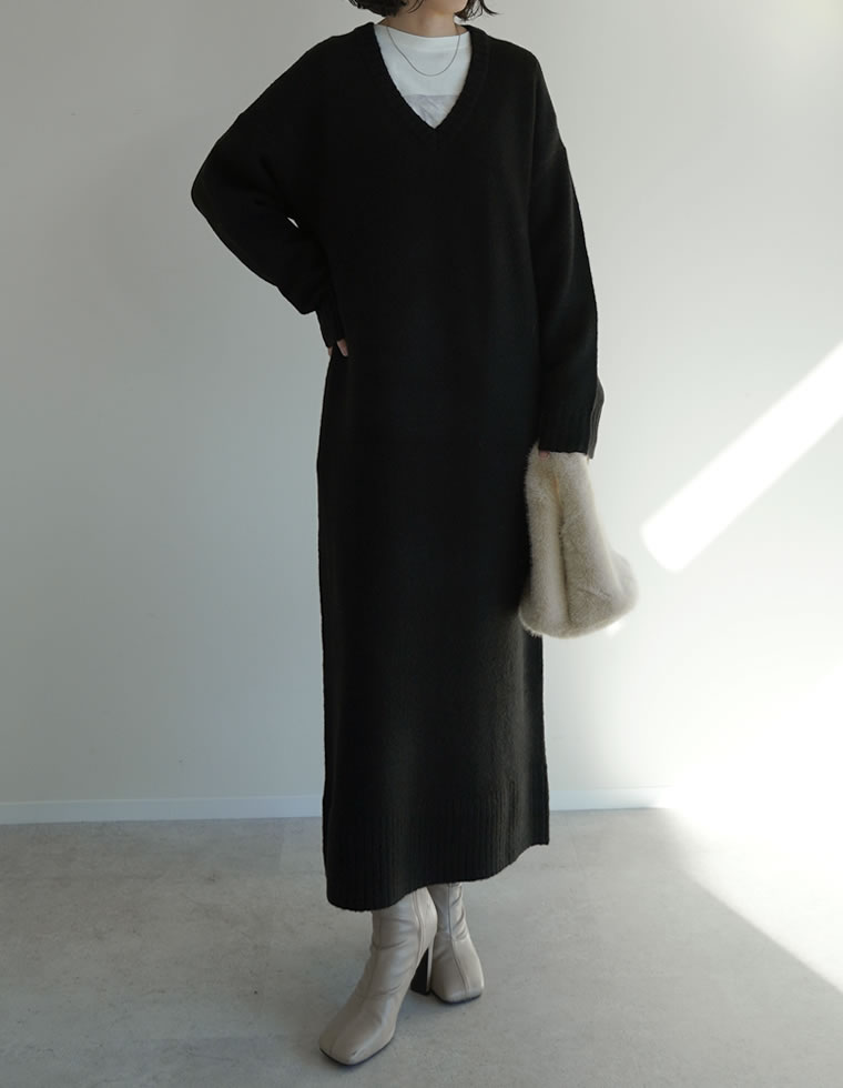 ワンピース ニット 長袖 レディース 5色 低身長 ロング Vネック 体型カバー 洗える 新色追加 2025秋冬 | Re:EDIT | 01