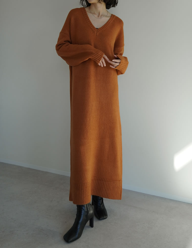 ワンピース ニット 長袖 レディース 5色 低身長 ロング Vネック 体型カバー 洗える 新色追加 2025秋冬 | Re:EDIT | 04