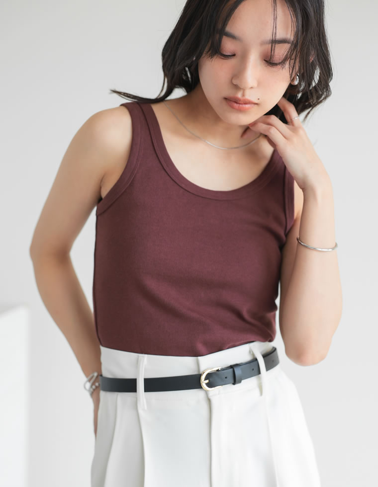 タンクトップ レディース トップス インナー レイヤード ノースリーブ クルーネック 丸首 リブ カットソー 春夏[mb] | Re:EDIT | 05