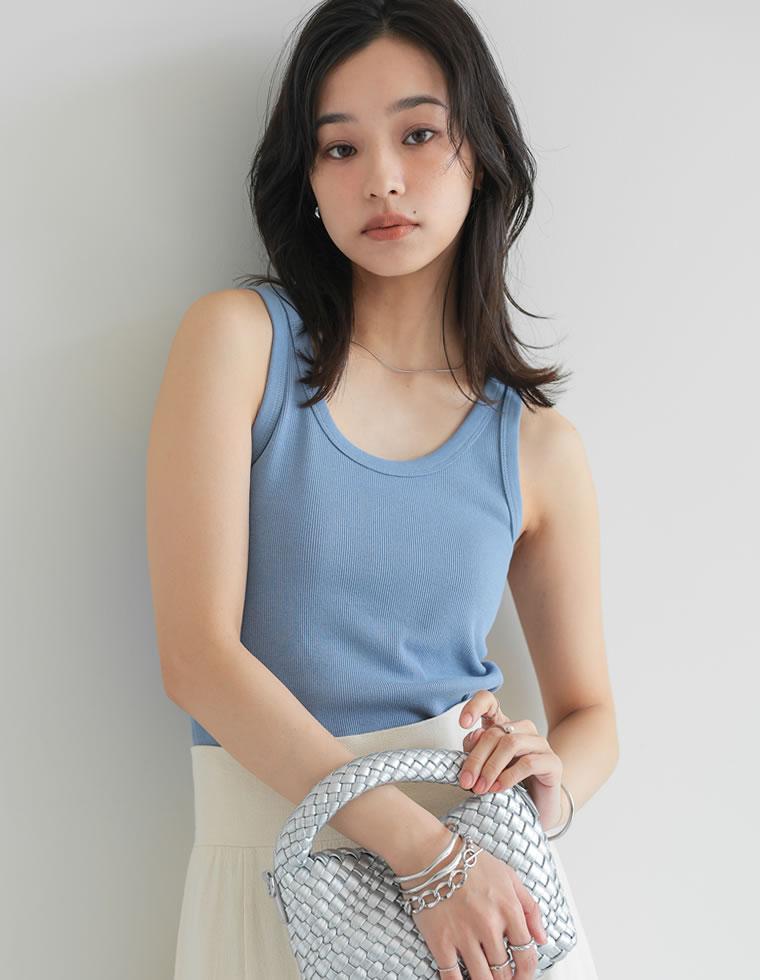 タンクトップ レディース トップス インナー レイヤード ノースリーブ クルーネック 丸首 リブ カットソー 春夏[mb] | Re:EDIT | 06