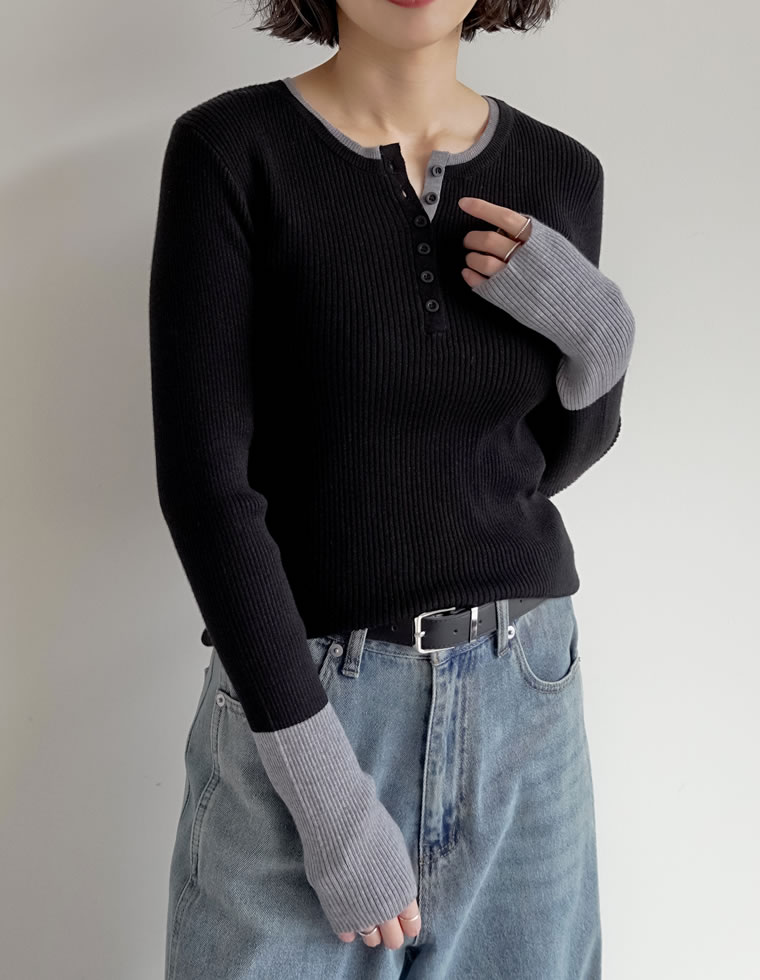 トップス セーター 長袖 レディース ニット リブニット プルオーバー 丸首 配色 バイカラー レイヤード 重ね着 指穴 2025秋冬 | Re:EDIT | 01