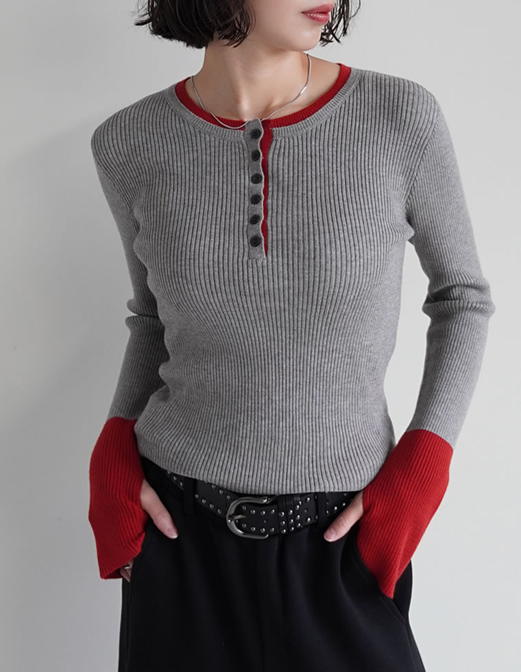 トップス セーター 長袖 レディース ニット リブニット プルオーバー 丸首 配色 バイカラー レイヤード 重ね着 指穴 2025秋冬 | Re:EDIT | 03