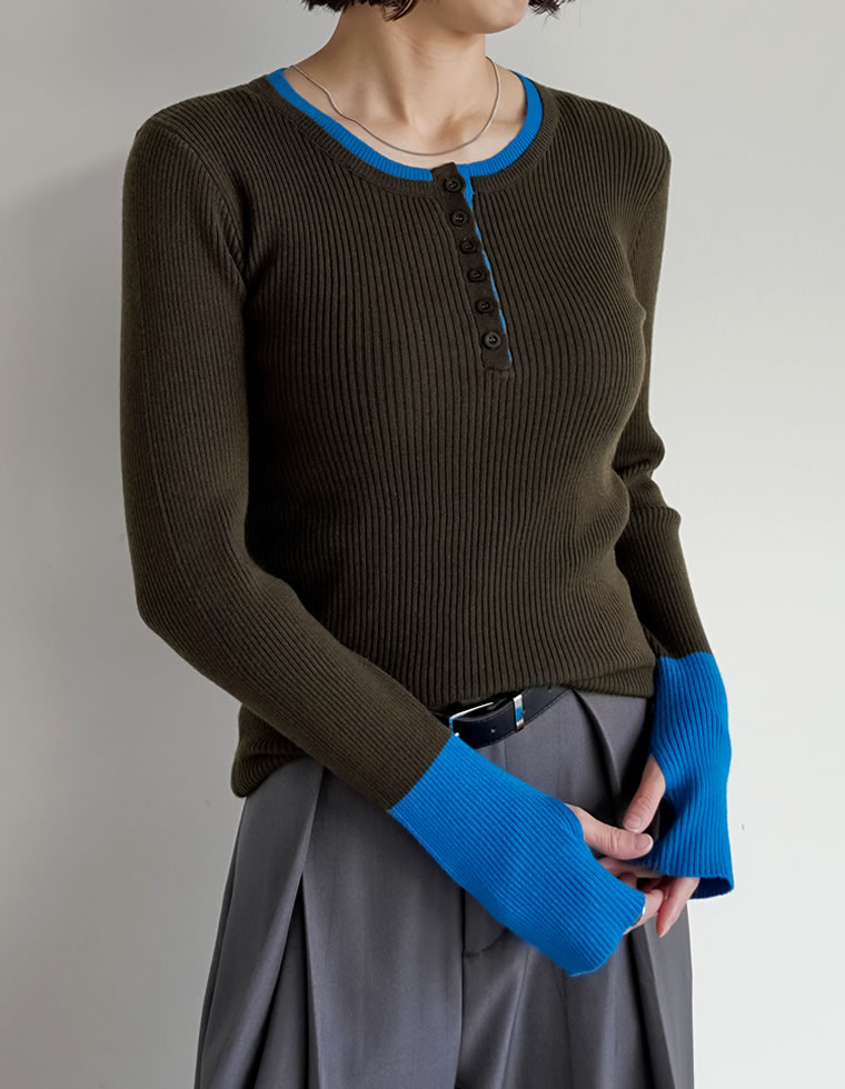 トップス セーター 長袖 レディース ニット リブニット プルオーバー 丸首 配色 バイカラー レイヤード 重ね着 指穴 2025秋冬 | Re:EDIT | 05