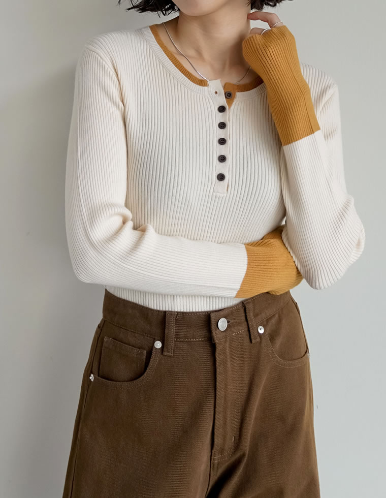 トップス セーター 長袖 レディース ニット リブニット プルオーバー 丸首 配色 バイカラー レイヤード 重ね着 指穴 2025秋冬 | Re:EDIT | 02