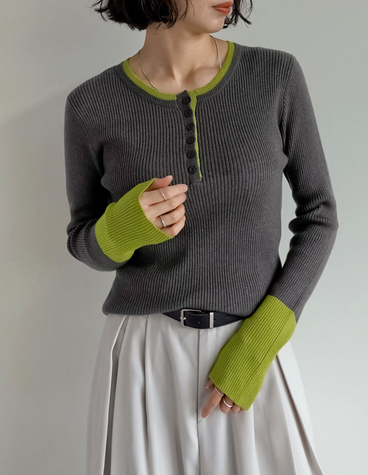 トップス セーター 長袖 レディース ニット リブニット プルオーバー 丸首 配色 バイカラー レイヤード 重ね着 指穴 2025秋冬 | Re:EDIT | 04