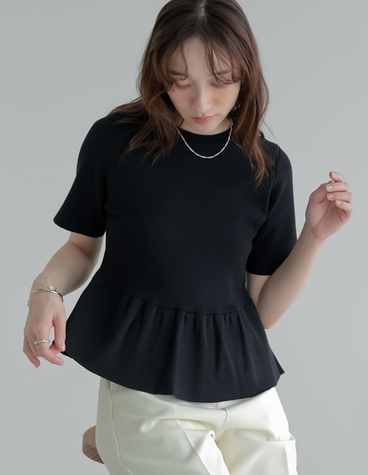 半袖 ブラウス レディース トップス 半袖 M/L サマーニット ペプラム フレア 体型カバー 丸首 5分袖 春夏[mb] | Re:EDIT | 01