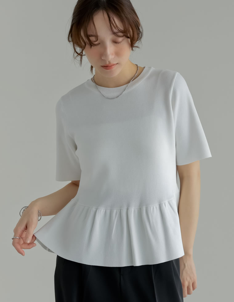 半袖 ブラウス レディース トップス 半袖 M/L サマーニット ペプラム フレア 体型カバー 丸首 5分袖 春夏[mb] | Re:EDIT | 02