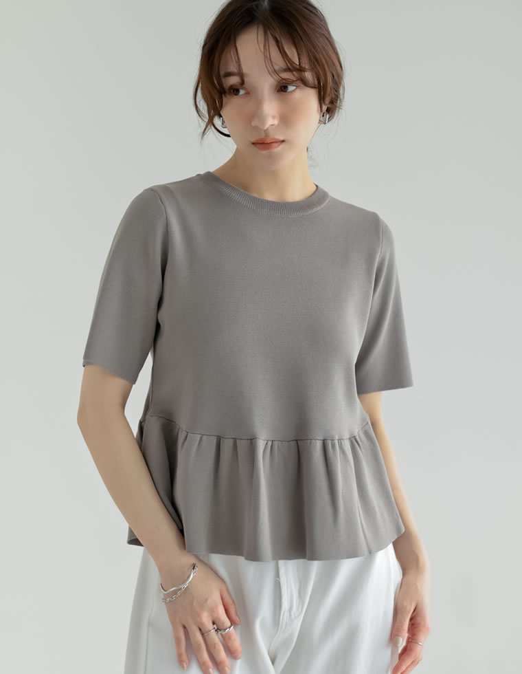半袖 ブラウス レディース トップス 半袖 M/L サマーニット ペプラム フレア 体型カバー 丸首 5分袖 春夏[mb] | Re:EDIT | 03