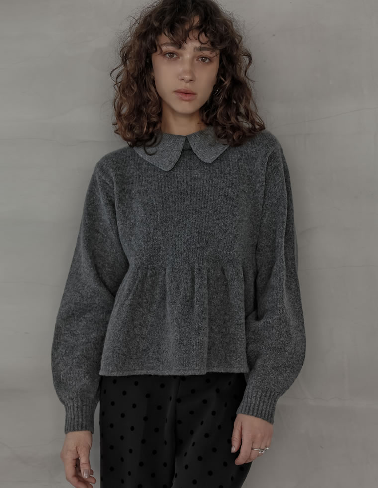 トップス 長袖 ニット プルオーバー レディース セーター 襟付き ペプラム フレア ギャザー 体型カバー チュニック ペプラムニット 2025秋冬 | Re:EDIT | 02