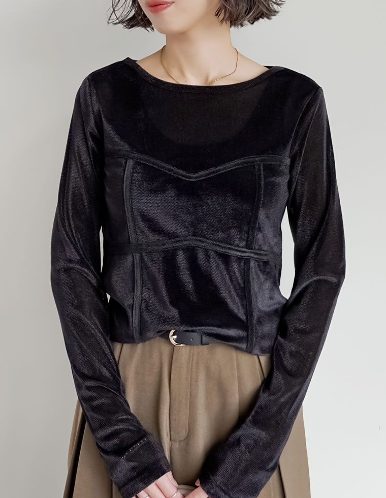 トップス カットソー ロンT 長袖 レディース 4色 M/L ベロア シアー ビスチェ 丸首 光沢 ドッキング 重ね着 透け感 2025秋冬[mb] | Re:EDIT | 01