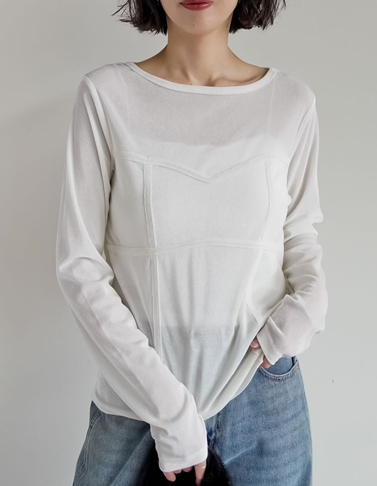 トップス カットソー ロンT 長袖 レディース 4色 M/L ベロア シアー ビスチェ 丸首 光沢 ドッキング 重ね着 透け感 2025秋冬[mb] | Re:EDIT | 02