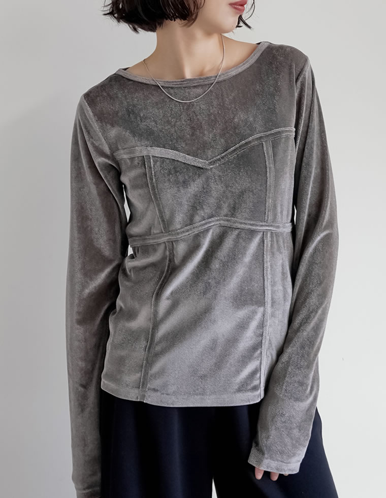 トップス カットソー ロンT 長袖 レディース 4色 M/L ベロア シアー ビスチェ 丸首 光沢 ドッキング 重ね着 透け感 2025秋冬[mb] | Re:EDIT | 03