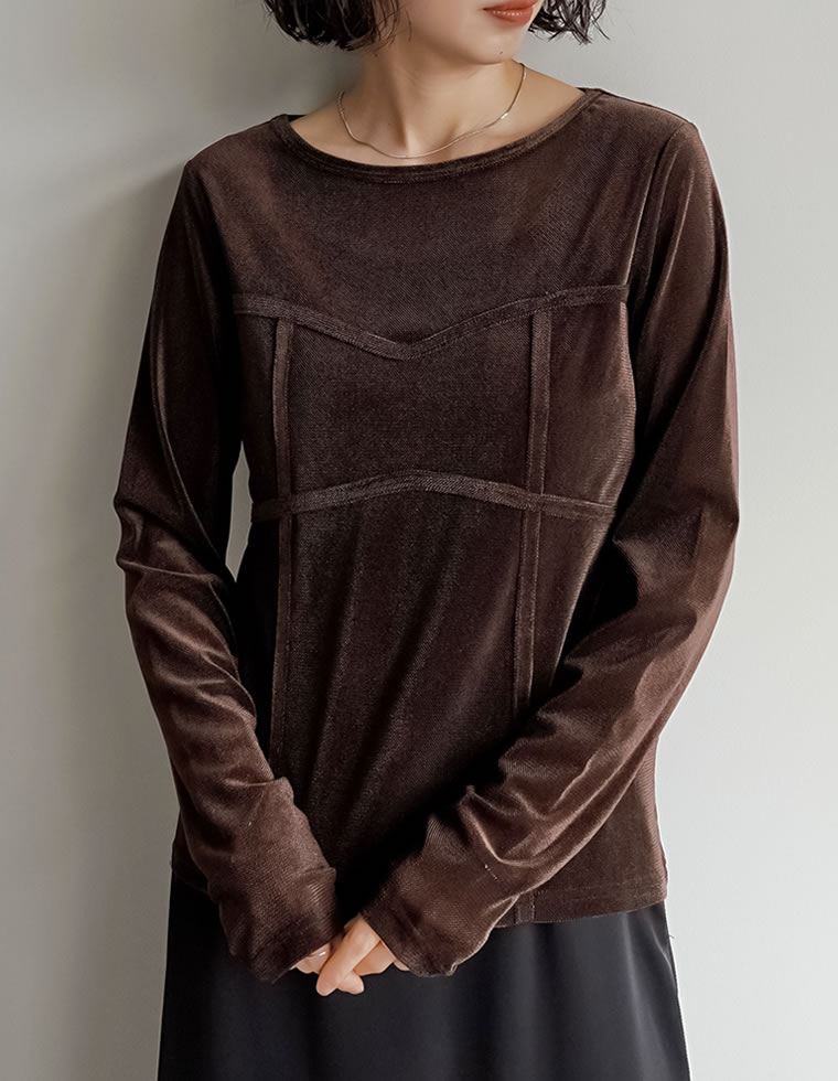 トップス カットソー ロンT 長袖 レディース 4色 M/L ベロア シアー ビスチェ 丸首 光沢 ドッキング 重ね着 透け感 2025秋冬[mb] | Re:EDIT | 04