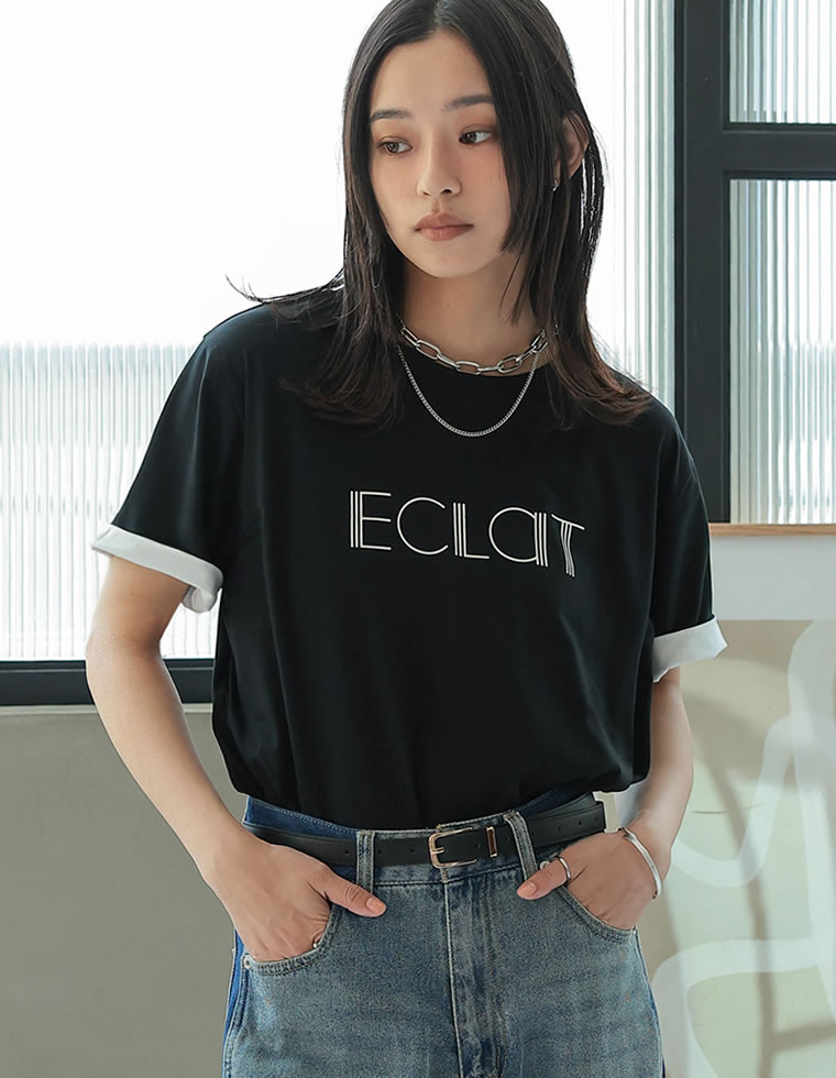 Tシャツ 半袖 トップス レディース 4色 M/L カットソー 5分袖 ロゴT バイカラー ひんやり 涼しい 接触冷感 春夏[mb] | Re:EDIT | 01