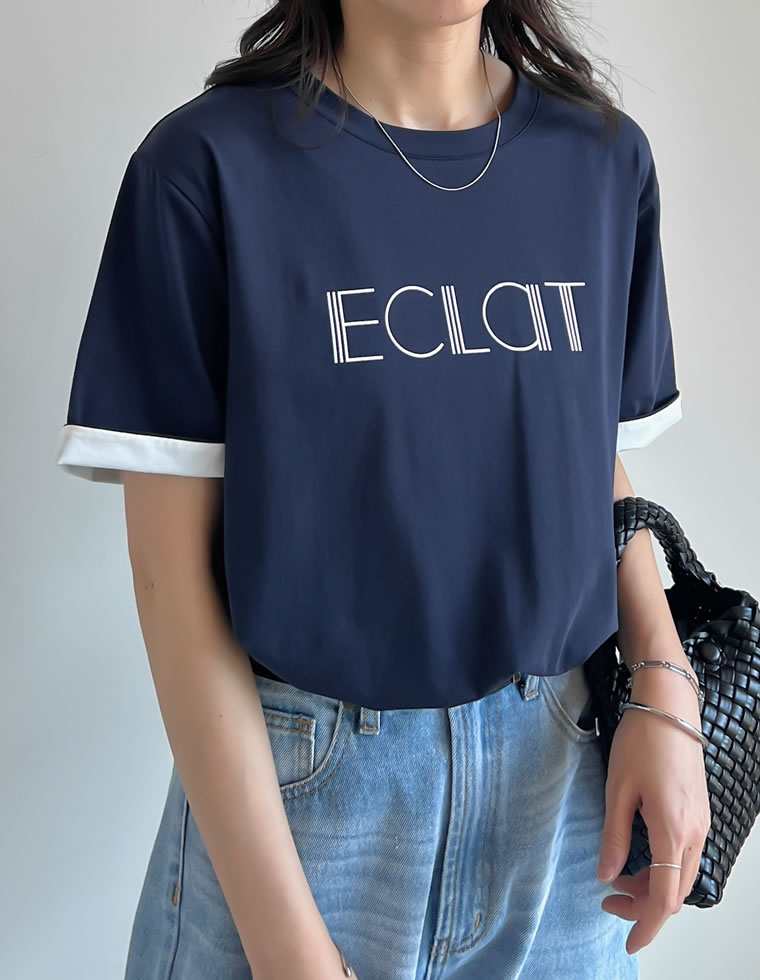 Tシャツ 半袖 トップス レディース 4色 M/L カットソー 5分袖 ロゴT バイカラー ひんやり 涼しい 接触冷感 春夏[mb] | Re:EDIT | 04