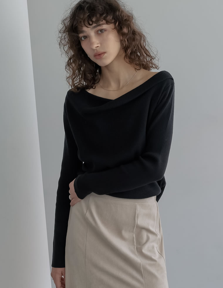 トップス オフショル 長袖 レディース 5色 M/L ドレープ リブニット セーター 2WAY 細リブ オフィスカジュアル 2025秋冬 11/13販売 | Re:EDIT | 01