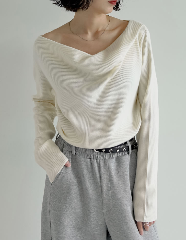 トップス オフショル 長袖 レディース 5色 M/L ドレープ リブニット セーター 2WAY 細リブ オフィスカジュアル 2025秋冬 11/13販売 | Re:EDIT | 02