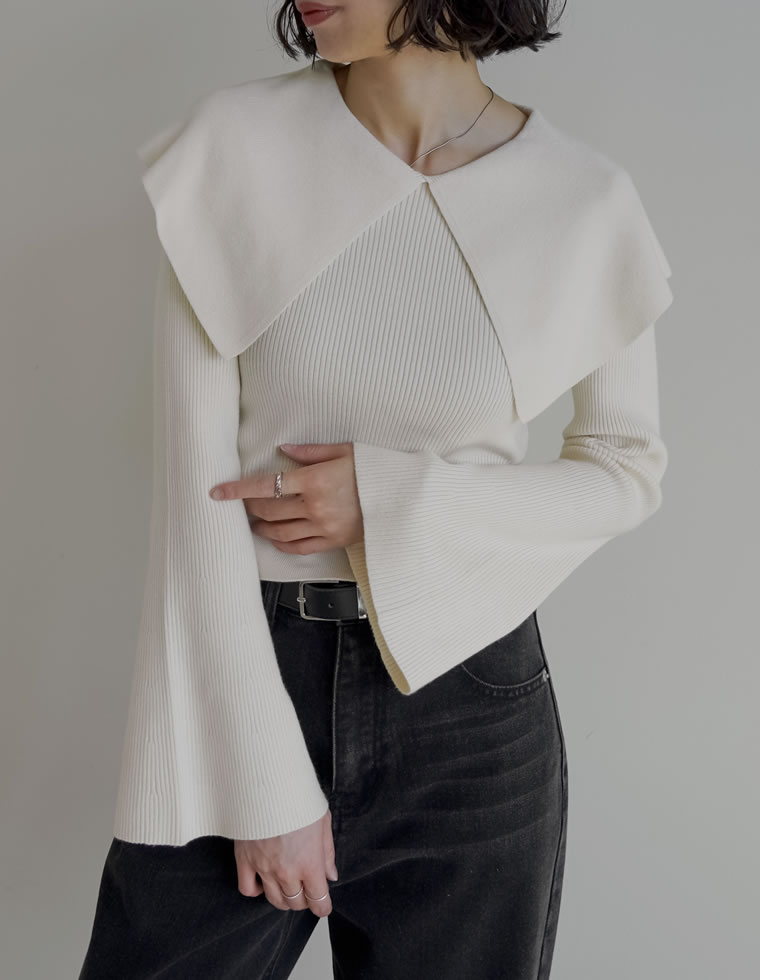 ニット トップス 長袖 レディース5色 M/L リブニット プルオーバー ビックカラー 配色 フレアスリーブ オフィスカジュアル 2025秋冬 | Re:EDIT | 02