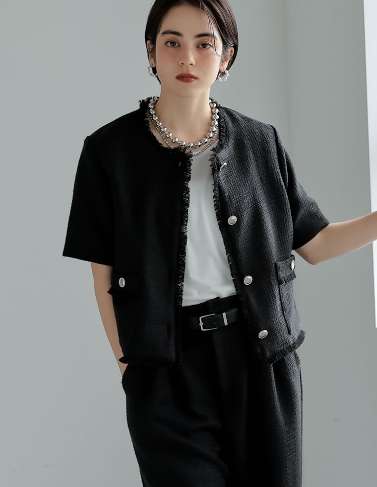 ★極美品★ Re:EDIT ノーカラーツイード ジャケット L 黒 Re:EDIT クーポン対象 ジャケット レディース ツイード