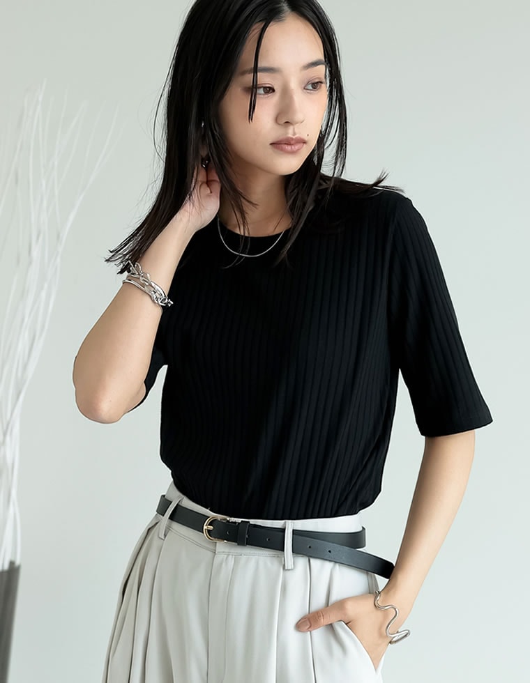 Tシャツ レディース トップス リブカットソー 汗染み防止 汗ジミ 汗じみ 吸水速乾 撥水加工 半袖 2025春夏[mb] | Re:EDIT | 01