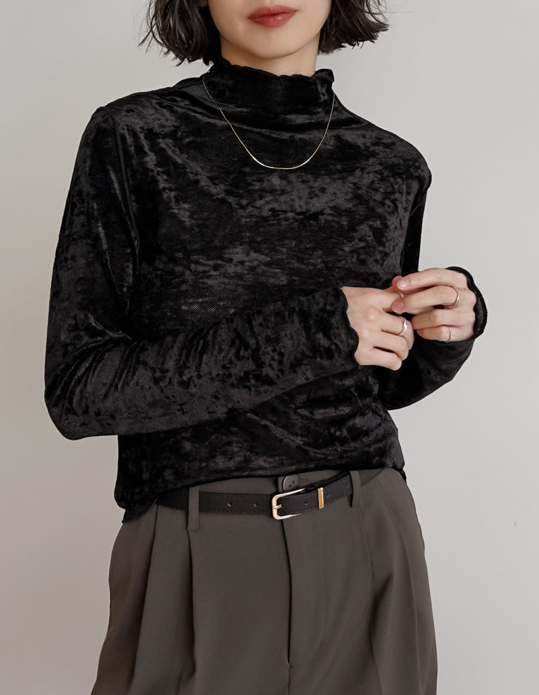 トップス カットソー 長袖 レディース ロンT ハイネック ベロア風 メッシュ プルオーバー シアー 前後2WAY ストレッチ 2025秋冬[mb] | Re:EDIT | 01