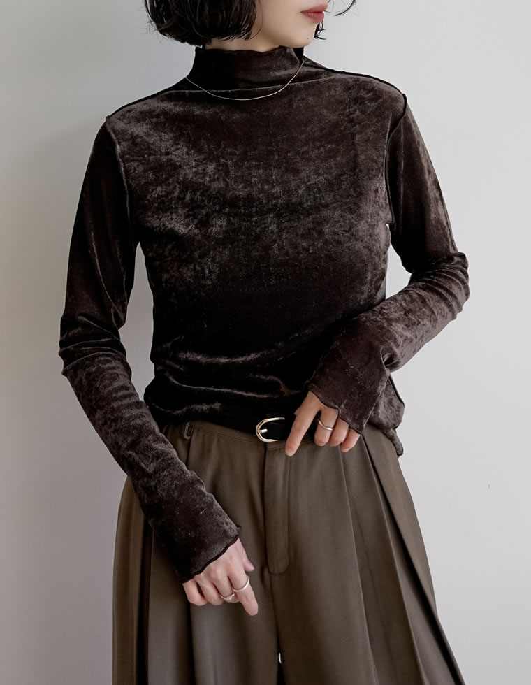 トップス カットソー 長袖 レディース ロンT ハイネック ベロア風 メッシュ プルオーバー シアー 前後2WAY ストレッチ 2025秋冬[mb] | Re:EDIT | 04