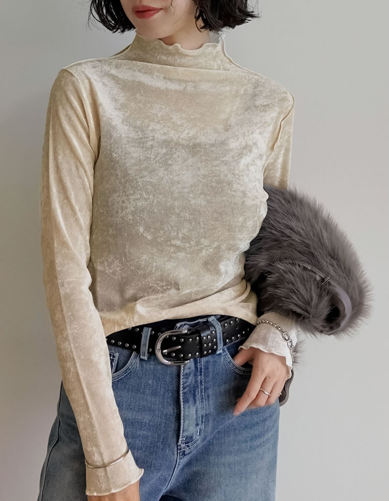 トップス カットソー 長袖 レディース ロンT ハイネック ベロア風 メッシュ プルオーバー シアー 前後2WAY ストレッチ 2025秋冬[mb] | Re:EDIT | 02