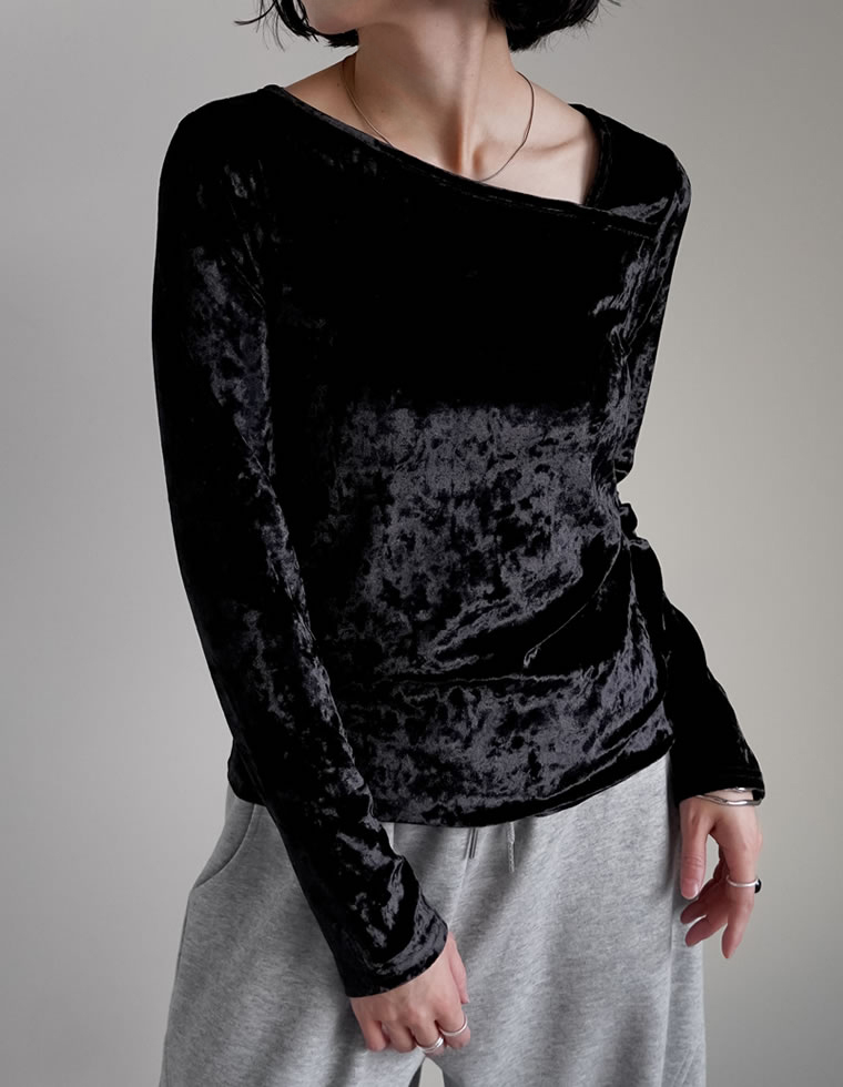 アシメトップス Tシャツ カットソー トップス レディース ベロアトップス レイヤード インナー 長袖 2025秋冬[mb] | Re:EDIT | 01