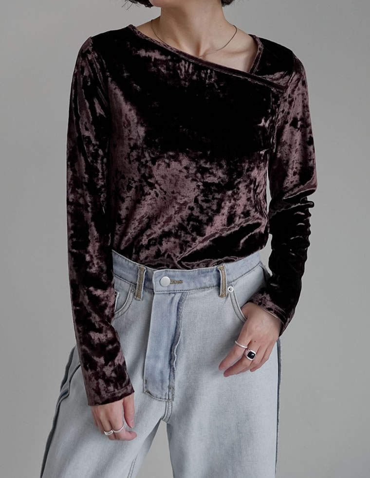 アシメトップス Tシャツ カットソー トップス レディース ベロアトップス レイヤード インナー 長袖 2025秋冬[mb] | Re:EDIT | 02