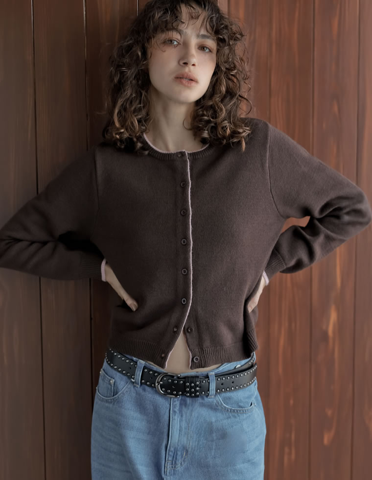 カーディガン トップス ニット 長袖 レディース 8色 M/L カラーニット クルーネック 配色 アルパカタッチ 暖かい 防寒 2025秋冬 | Re:EDIT | 08