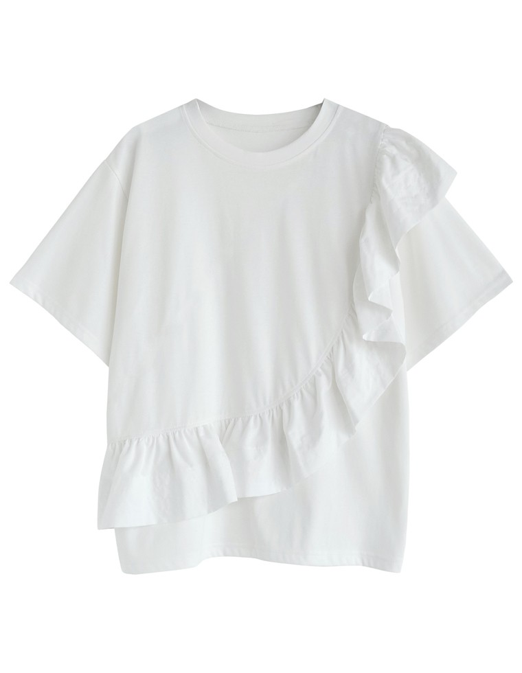 Tシャツ レディース トップス ドッキング フリル アシンメトリー カットソー クルーネック 半袖 体型カバー UVカット 春夏[mb] | Re:EDIT | 02