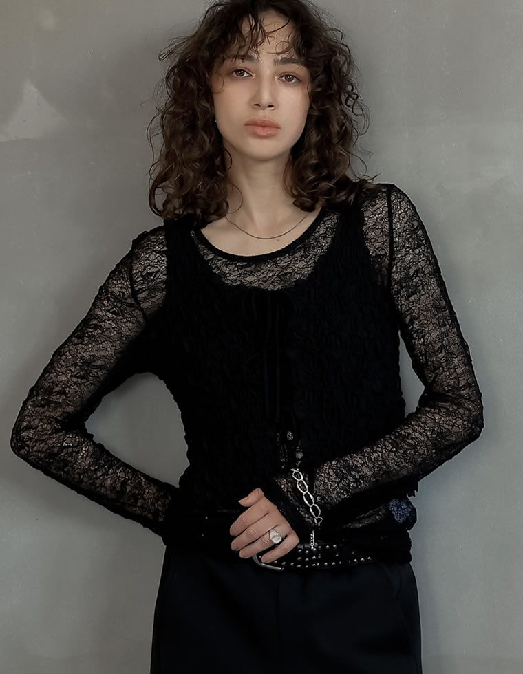 トップス レディース レーストップス シアーレース 長袖 レイヤード 伸縮性 ストレッチ オフィスカジュアル 通勤 2025秋冬[mb] | Re:EDIT | 01