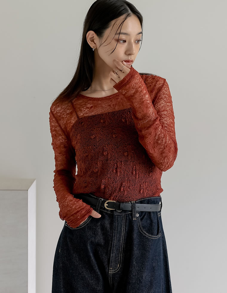 トップス レディース レーストップス シアーレース 長袖 レイヤード 伸縮性 ストレッチ オフィスカジュアル 通勤 2025秋冬[mb] | Re:EDIT | 03