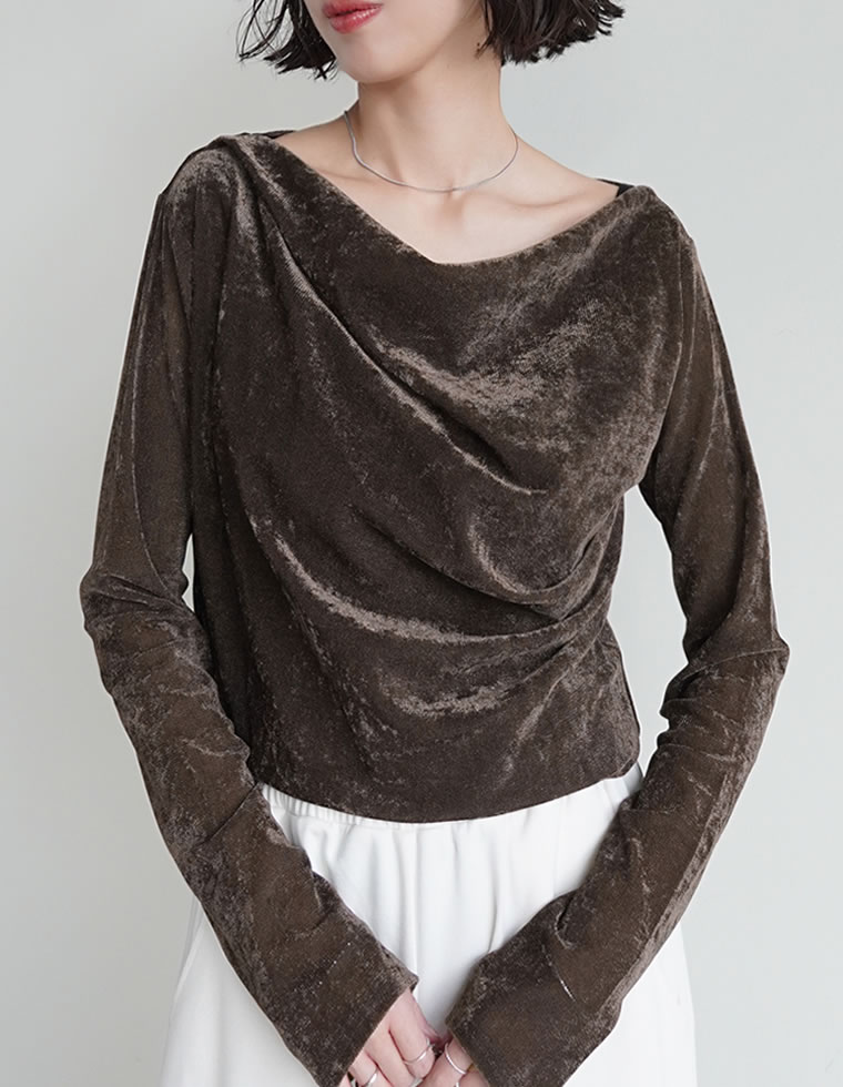 トップス カットソー 長袖 レディース 4色 M/L ベロア ドレープ フロッキー シアー ロンT メッシュ レイヤード 重ね着 2025秋冬[mb] | Re:EDIT | 04