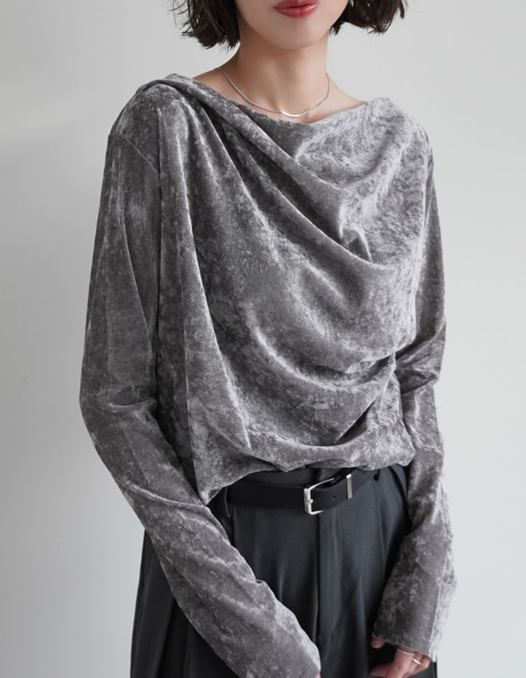 トップス カットソー 長袖 レディース 4色 M/L ベロア ドレープ フロッキー シアー ロンT メッシュ レイヤード 重ね着 2025秋冬[mb] | Re:EDIT | 03
