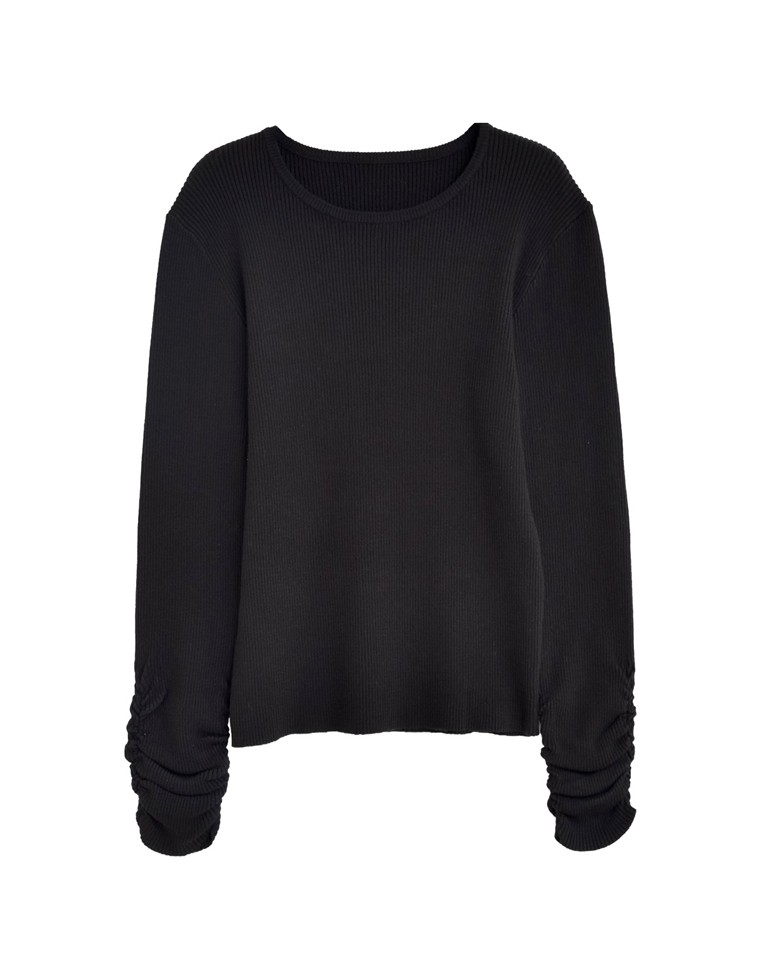 袖シャーリングリブニットトップス