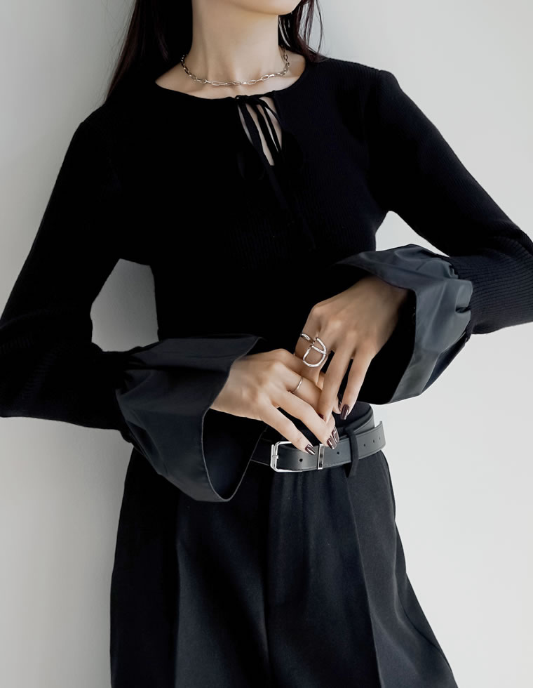 トップス ニット 長袖 袖切り替え レディース コンパクト リボン クルーネック 配色 バイカラー オフィスカジュアル 通勤 2025秋冬 | Re:EDIT | 01