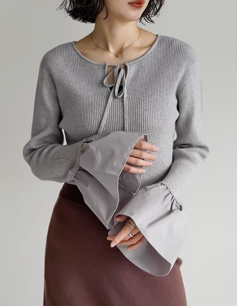 トップス ニット 長袖 袖切り替え レディース コンパクト リボン クルーネック 配色 バイカラー オフィスカジュアル 通勤 2025秋冬 | Re:EDIT | 02