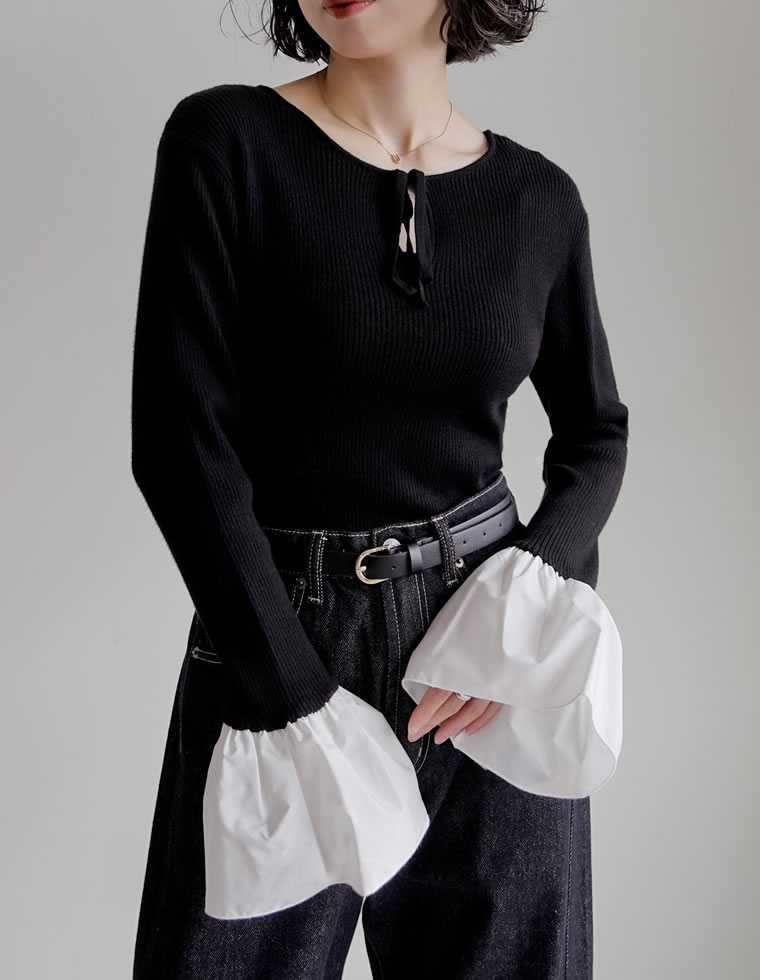 トップス ニット 長袖 袖切り替え レディース コンパクト リボン クルーネック 配色 バイカラー オフィスカジュアル 通勤 2025秋冬 | Re:EDIT | 03