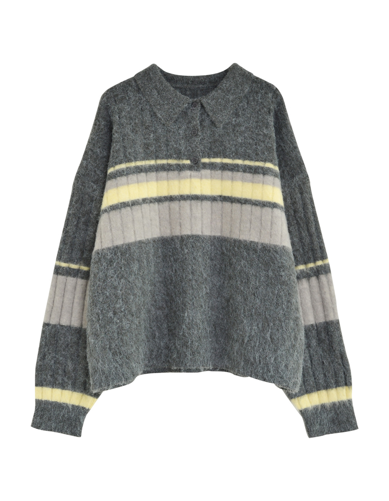 ボーダーアルパカタッチポロカラーニット