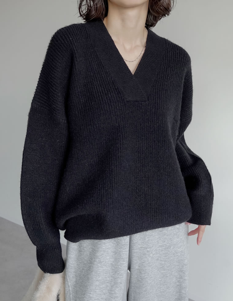 ニット トップス レディース 4色 M/L セーター Vネック プルオーバー カラーニット あったか 防寒 静電気防止 秋冬 | Re:EDIT | 01