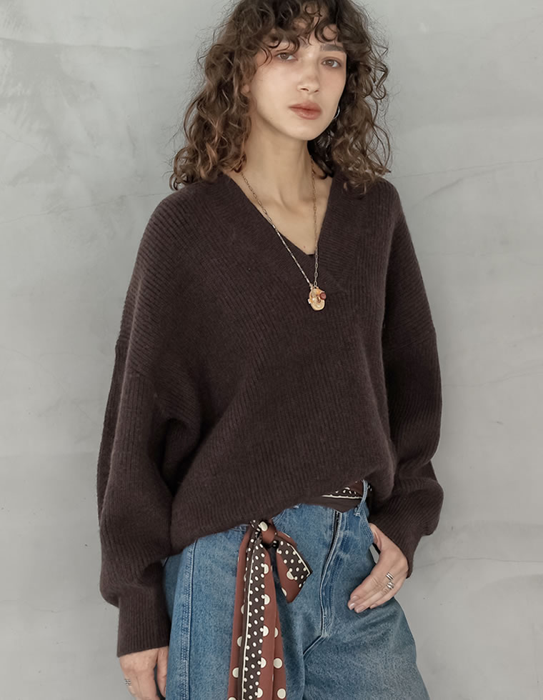 ニット トップス レディース 4色 M/L セーター Vネック プルオーバー カラーニット あったか 防寒 静電気防止 秋冬 | Re:EDIT | 03