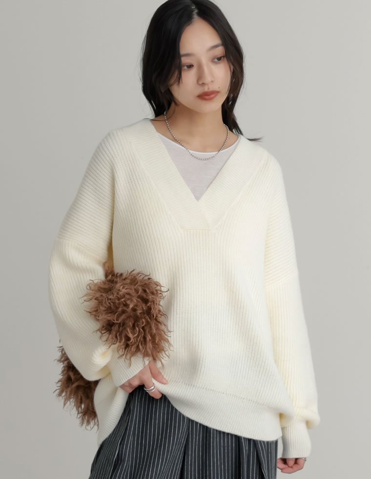 ニット トップス レディース 4色 M/L セーター Vネック プルオーバー カラーニット あったか 防寒 静電気防止 秋冬 | Re:EDIT | 05