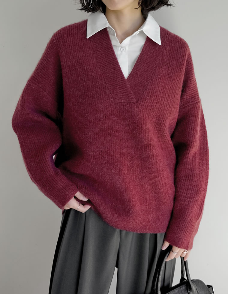 ニット トップス レディース 4色 M/L セーター Vネック プルオーバー カラーニット あったか 防寒 静電気防止 秋冬 | Re:EDIT | 04