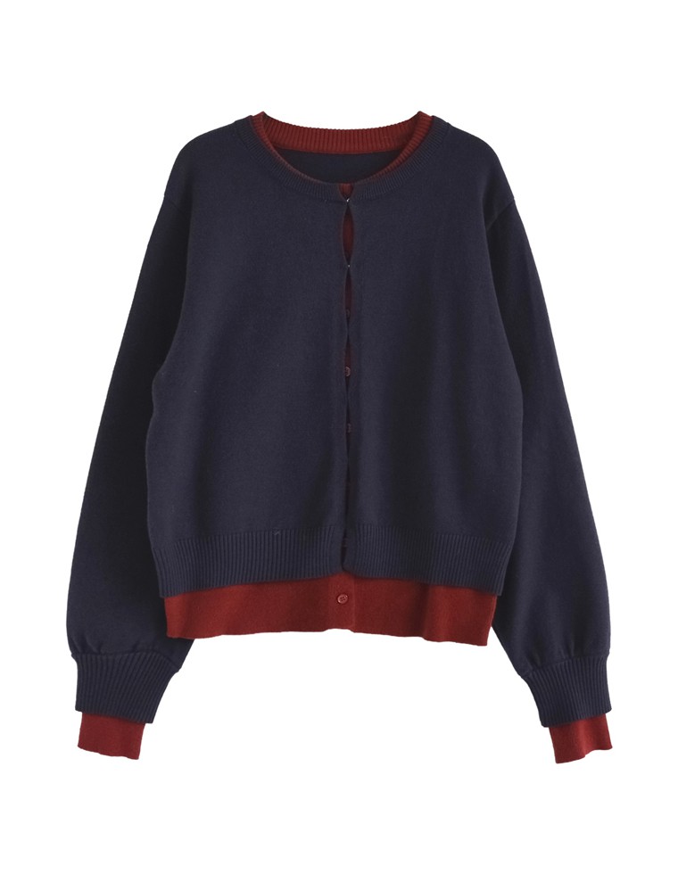 クルーネックレイヤード風カーディガン